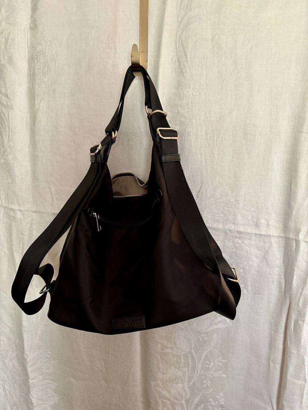 Sondra Roberts Squared Black Nylon Convertible Hobo Crossbody Tote Travel Bag